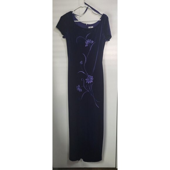 VTG Blue Purple Velvet Embroidered Floral Whimsigoth Fairy y2k Maxi SZ 10 Grunge - Picture 2 of 11